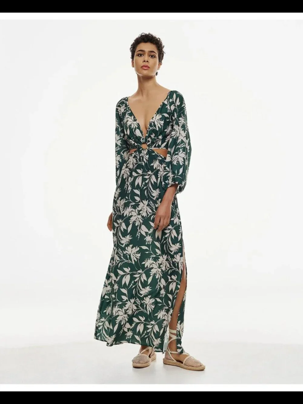 NWT Abercrombie & Fitch Maxi Dress XS Long Sleeve Plunge Cutout Green Floral